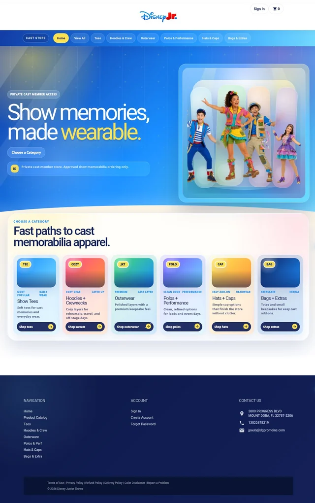 Complete Disney Junior cast-member storefront homepage with show ensemble hero, blue category rail, tees, hoodies, outerwear, polos, headwear and accessories tiles, and footer