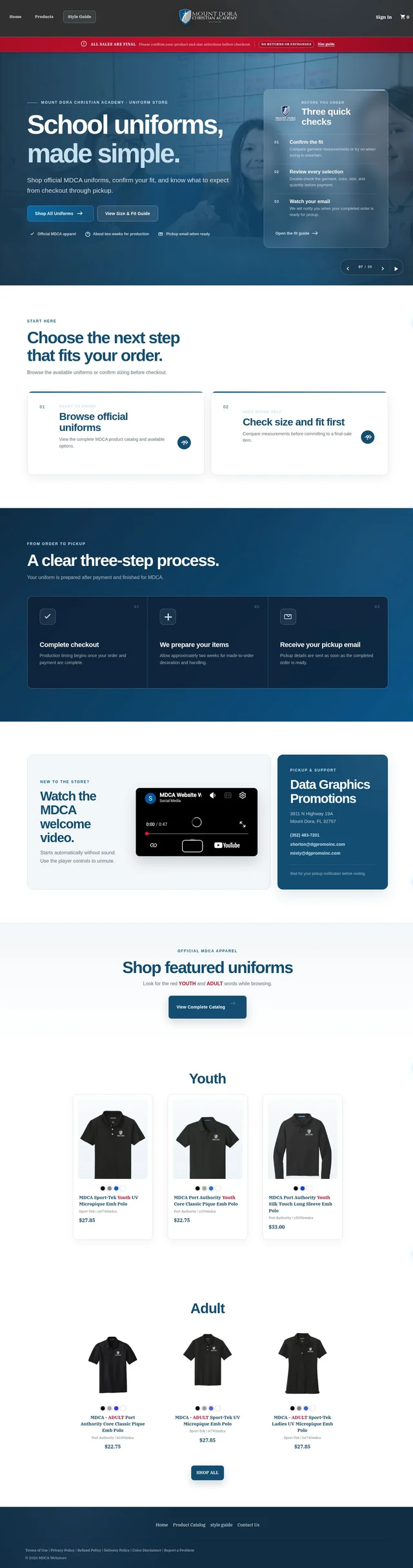Complete MDCA uniform storefront homepage with blue campus hero, final-sale notice, size guide, ordering and pickup steps, welcome video, support details, youth and adult polos, and footer