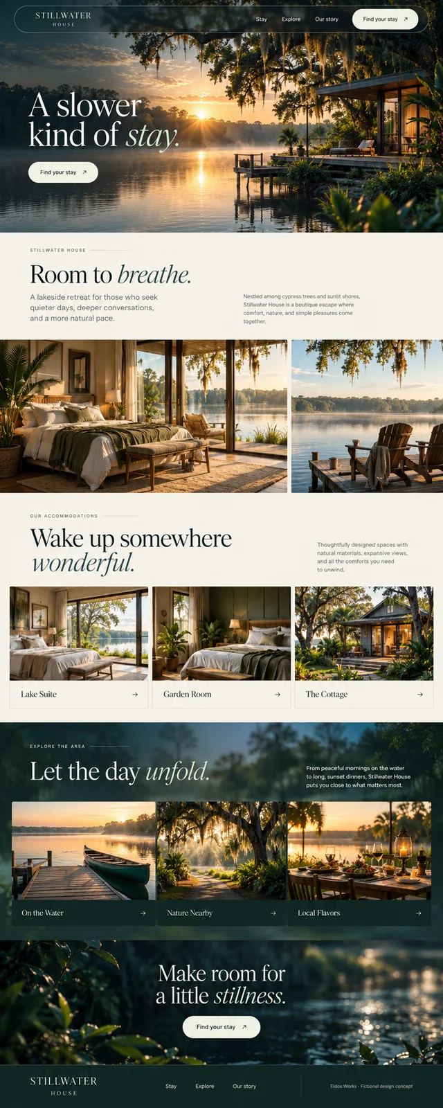 Complete Stillwater House fictional website concept, from lakeside hero and room choices to local experiences and footer