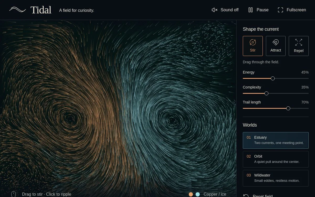 Tidal interactive current field with glowing particles and flowing motion.