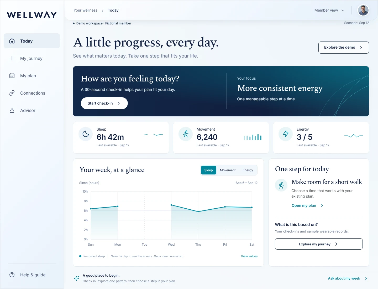 Wellway fictional member workspace showing a daily check-in, a journey chart and an editable plan.